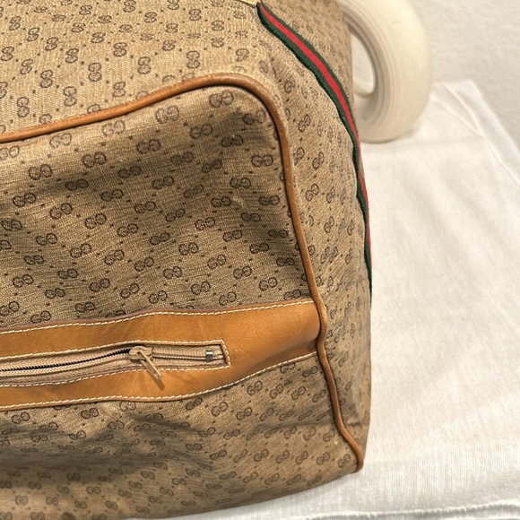 Gucci Duffle Bag GG Logo Canvas Brown Leather Trim Folding Travel Carry On - Picture 5 of 13